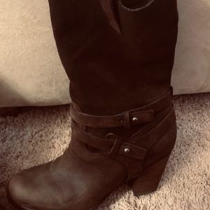 Slip on  chocolate suede boots 3 inch heel